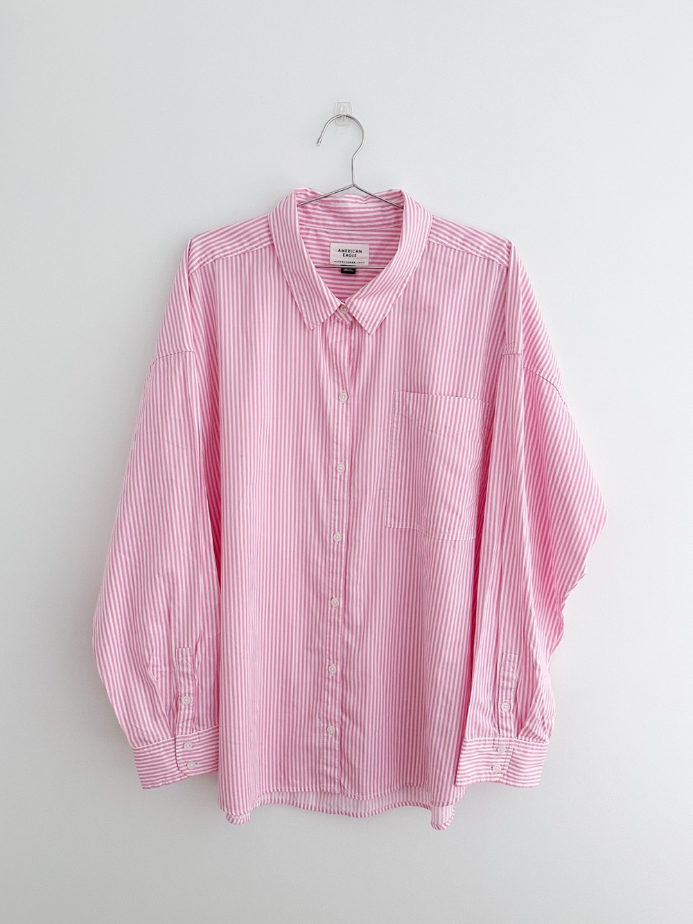 American Eagle XXL Pink White Stripe Button Down Shirt Big Oversized 100% Cotton